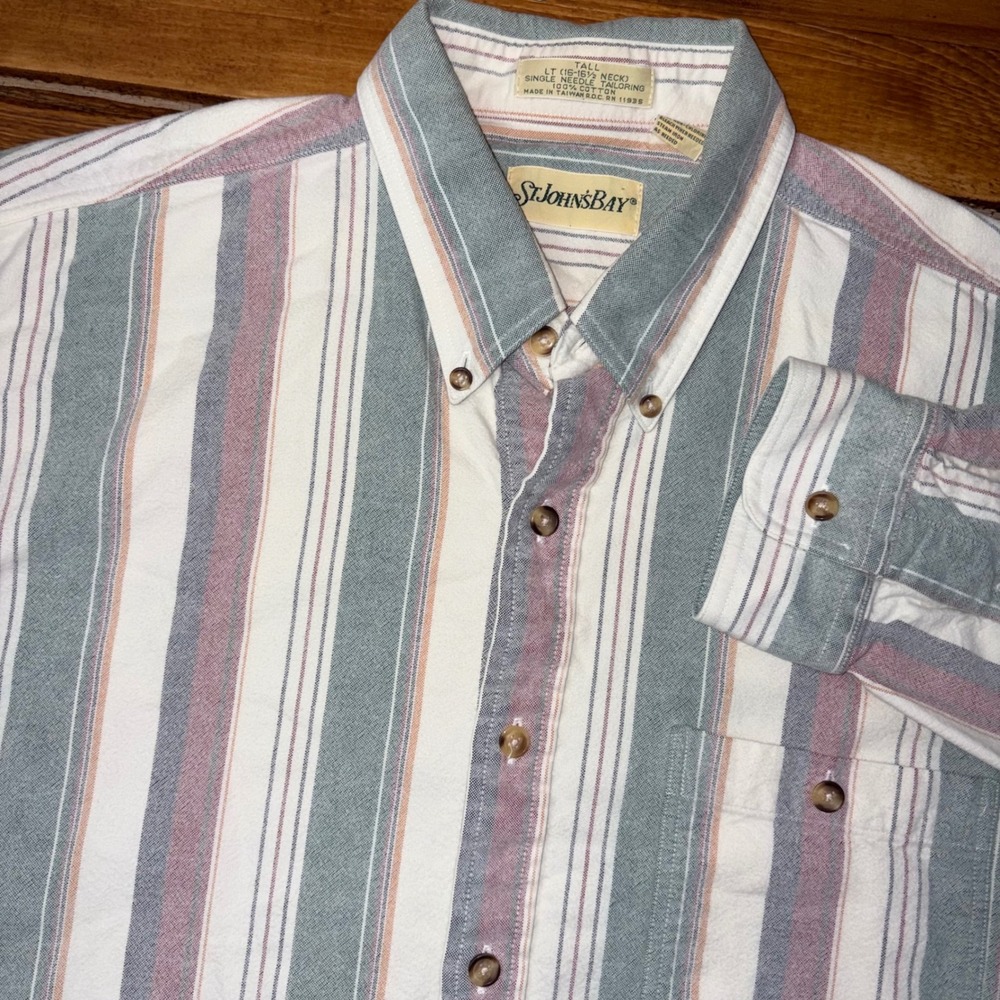 Vintage St Johns Bay Flannel Button Shirt Mens Large Tall Multicolor Striped 90s